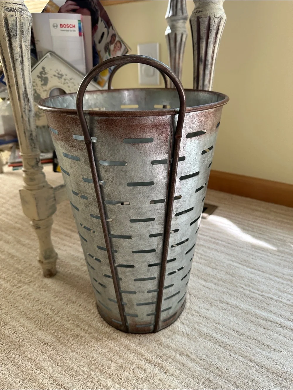 Olive Bucket Basket Vintage Galvanized Metal Vase Decor Farmhouse Country